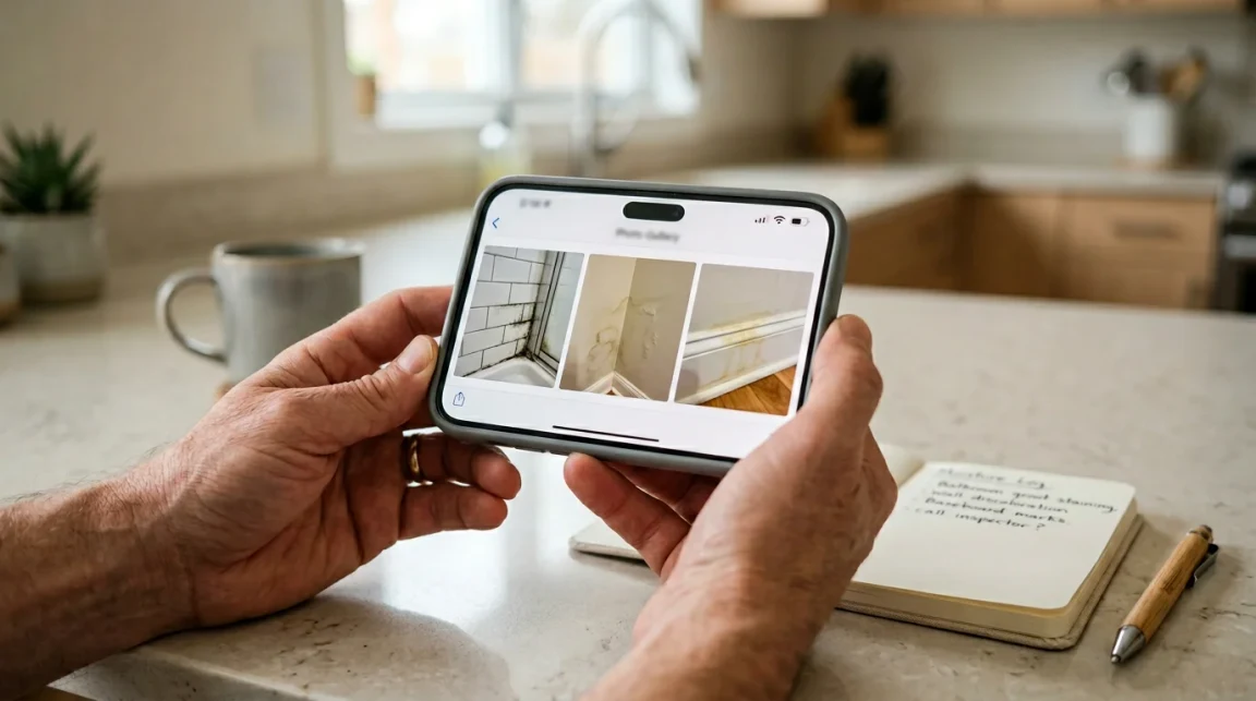 A homeowner reviews phone photos: visible thumbnails show a bathroom, stained grout, and a wall with moisture-like discoloration before calling mold service providers.