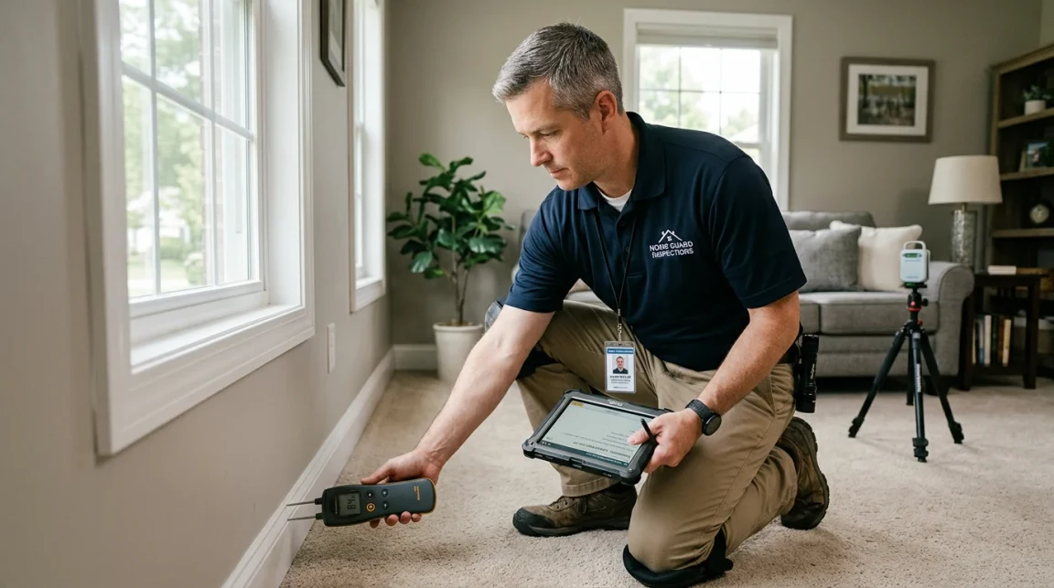 A building inspector using a moisture meter at a baseboard, with a tablet and air sampling in the room.