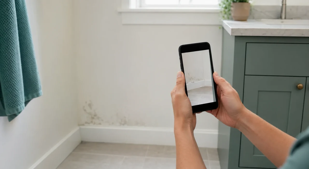A homeowner photographing a small moisture concern near a bathroom baseboard.