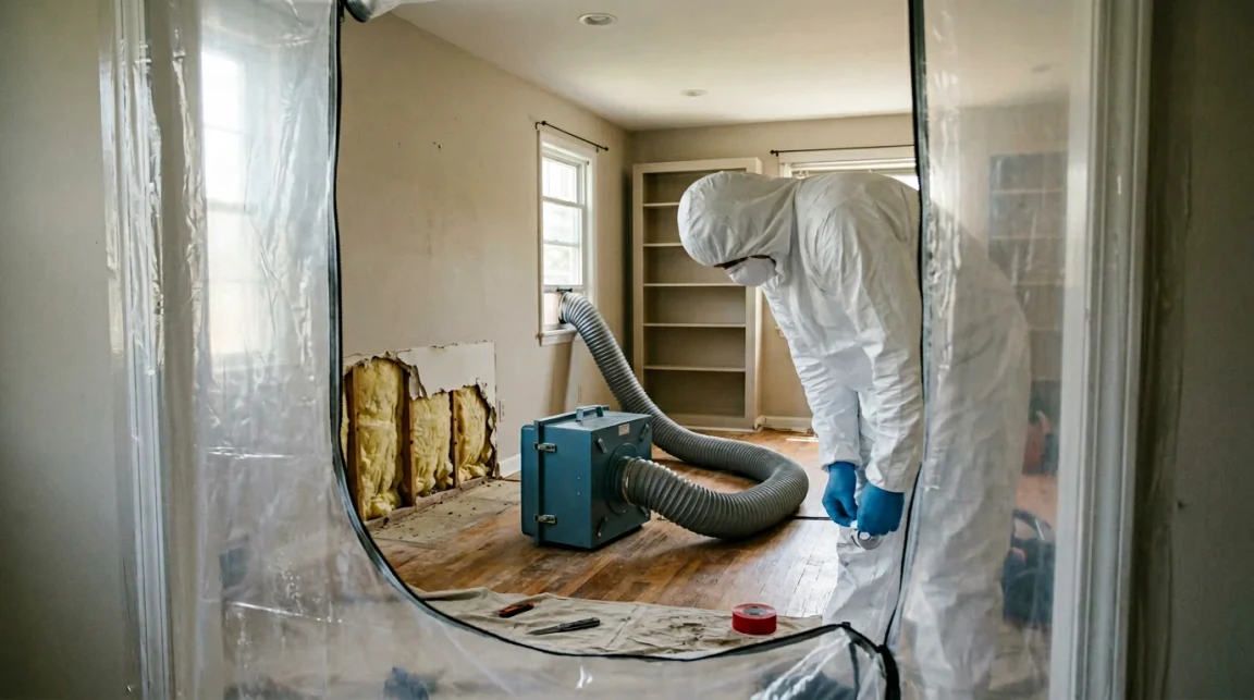 Plastic sheeting at a doorway, HEPA air scrubber with duct, and an opened wall area during home remediation work.